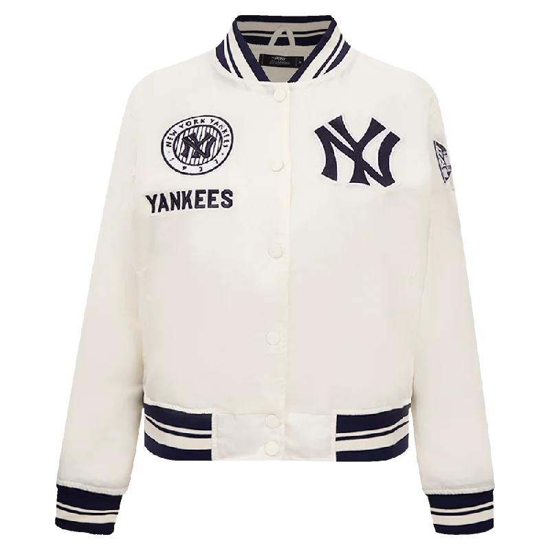 soft touch sherpa coat for women -MLB NEW YORK YANKEES RETRO CLASSIC WOMEN'S RIB SATIN JACKET (EGGSHELL/ MIDNIGHT NAVY)