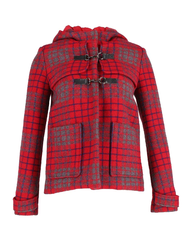 ladies' insulated ski jacket -Maje Hooded Checkered Coat in Red Wool