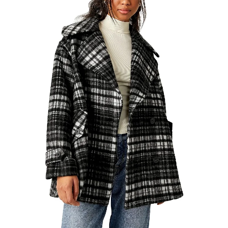 women's teddy bear coat -Free People Womens Highlands Wool Blend Plaid Pea Coat