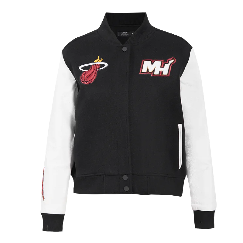 cropped faux leather jacket for women -NBA MIAMI HEAT CLASSIC WOMEN'S WOOL VARSITY JACKET (BLACK/WHITE)