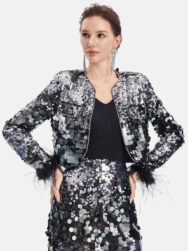 cropped wool blazer for women -Luxe Sequined Feather Jacket