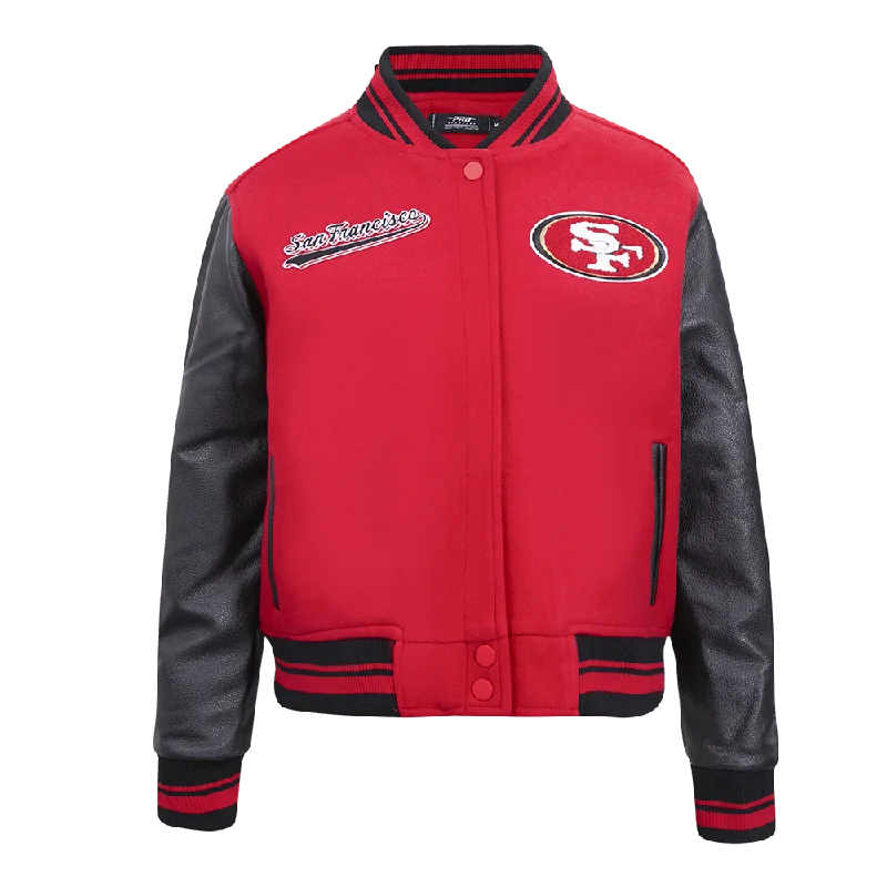 women's biker-style leather jacket -NFL SAN FRANCISCO 49ERS SCRIPT TAIL WOMEN'S WOOL VARSITY JACKET (RED/BLACK)