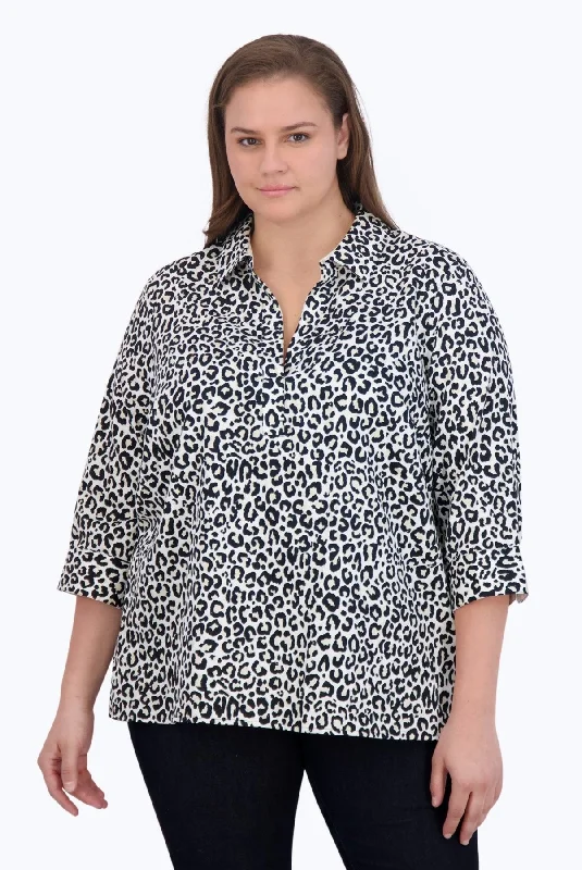 women's cold shoulder short sleeve shirt -Sophia Plus No Iron Leopard Print Popover