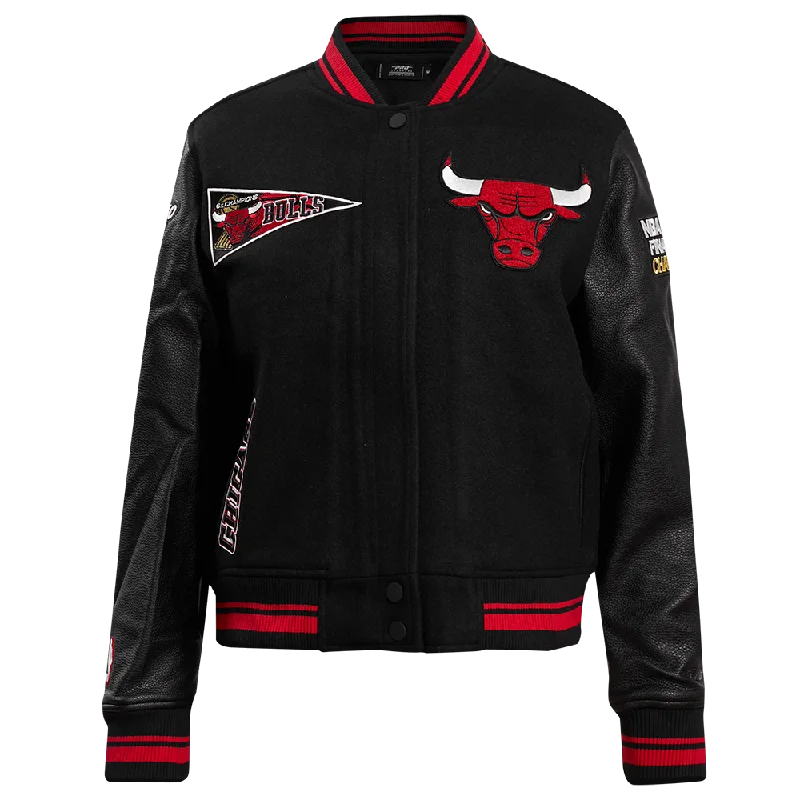 fashionable metallic puffer jacket for women -NBA CHICAGO BULLS RETRO CLASSIC WOMEN'S RIB WOOL VARSITY JACKET (BLACK/RED)