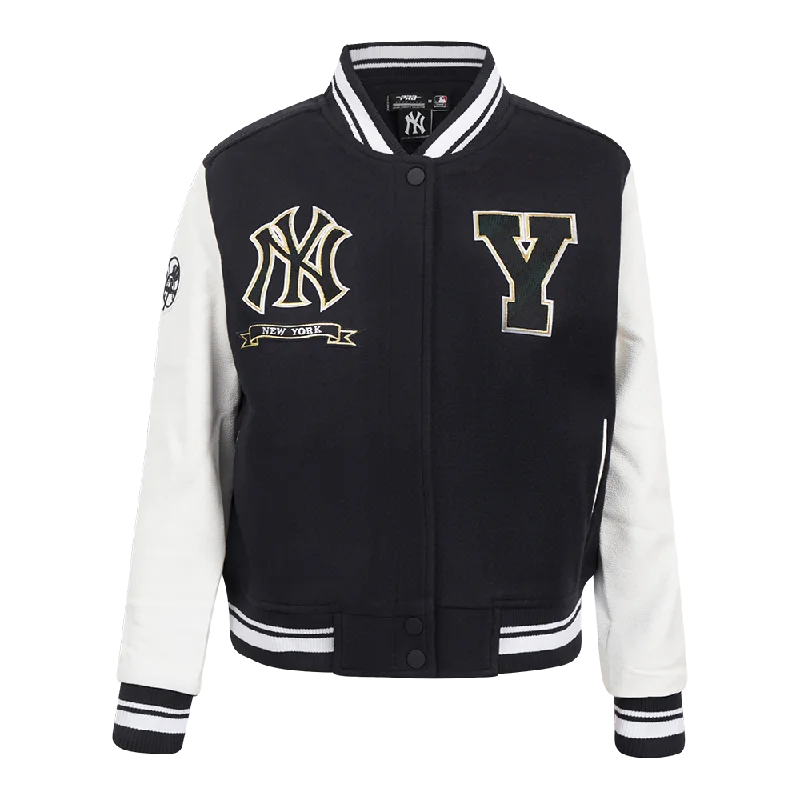 fashionable metallic puffer jacket for women -MLB NEW YORK YANKEES PRO PREP WOMEN'S RIB WOOL VARSITY JACKET (MIDNIGHT NAVY/WHITE)