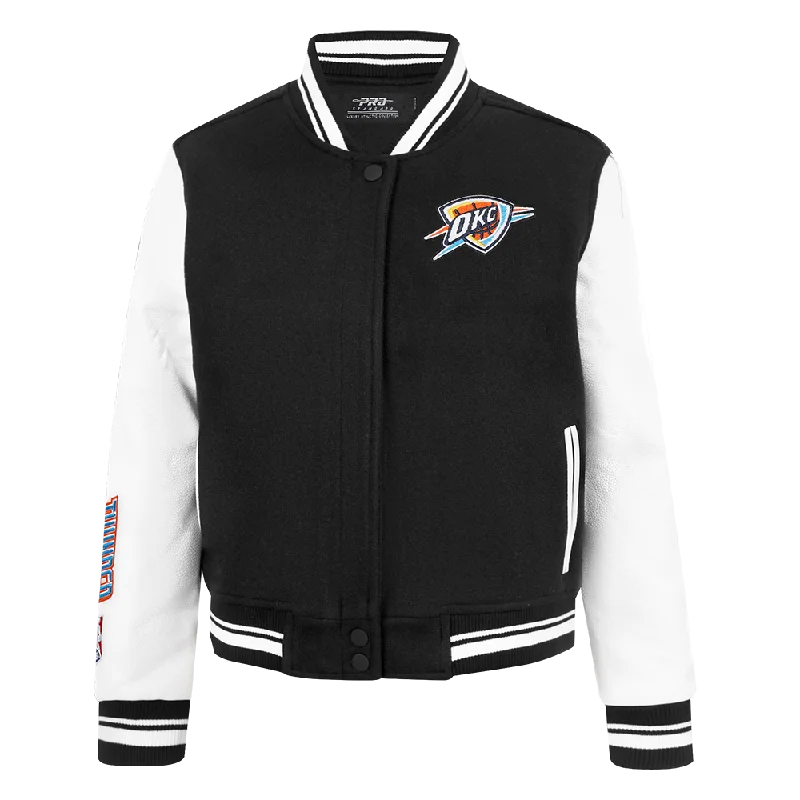 luxury designer winter coat for women -NBA OKLAHOMA CITY THUNDER CLASSIC WOMEN'S WOOL VARSITY JACKET (BLACK/WHITE)