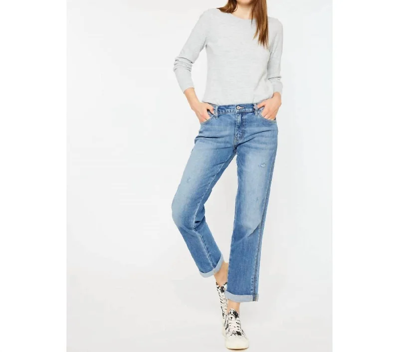 ripped vintage denim for ladies -Midrise Slim Fit Boyfriend Jeans In Medium Wash