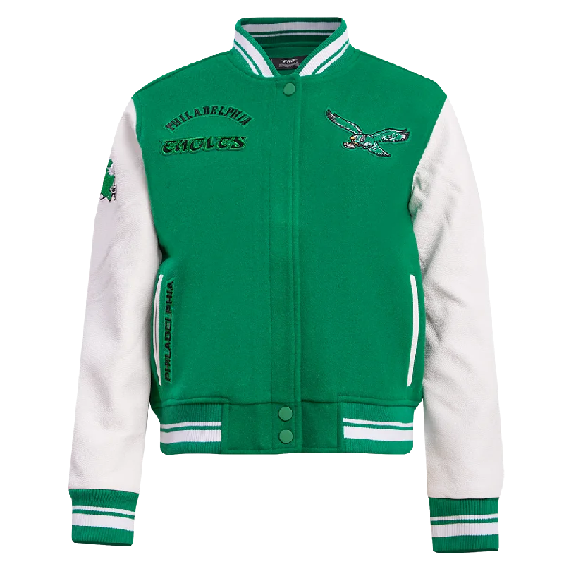 warm down coat for women -NFL PHILADELPHIA EAGLES RETRO CLASSIC WOMEN'S RIB WOOL VARSITY JACKET (KELLY GREEN/WHITE)