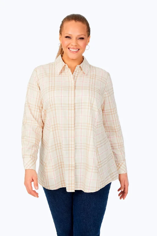 elegant short sleeve blouses for ladies -Cici Plus No Iron Warm Plaid Tunic