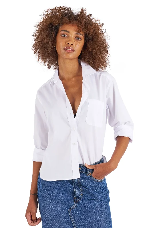 women's ruffle sleeve short sleeve blouse -Rita White Boxy Fit Cotton Shirt