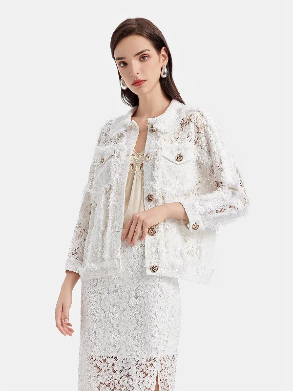 structured blazer jacket for women -Lace Fringe Loose White Jacket