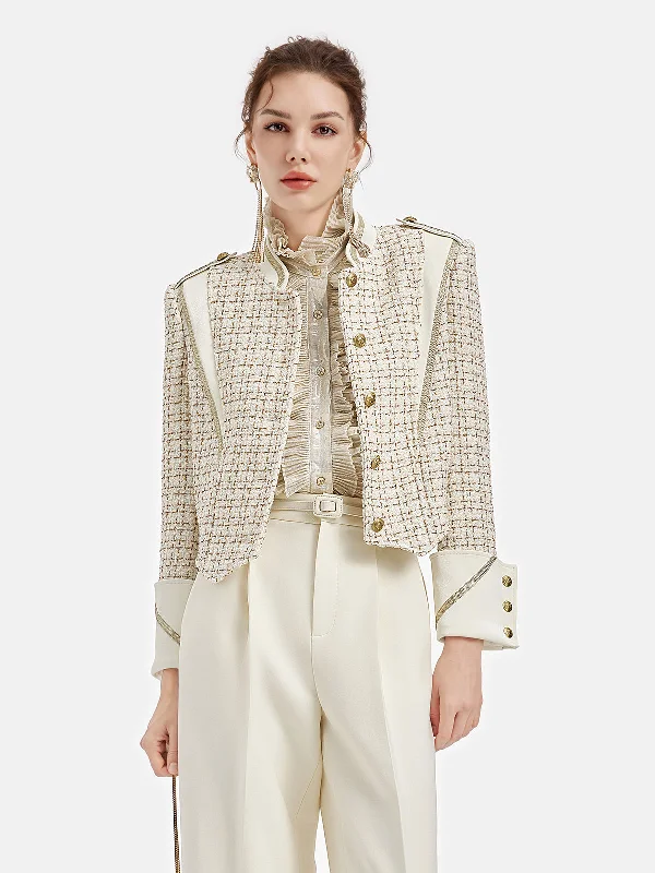 ladies' waterfall drape coat -Gold Tweed Patchwork Court Jacket