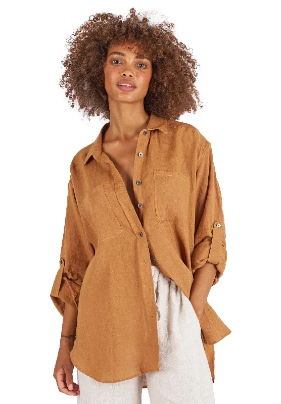 elegant chiffon short sleeve tops for women -Luna Tobacco Oversized Linen Shirt with Pockets