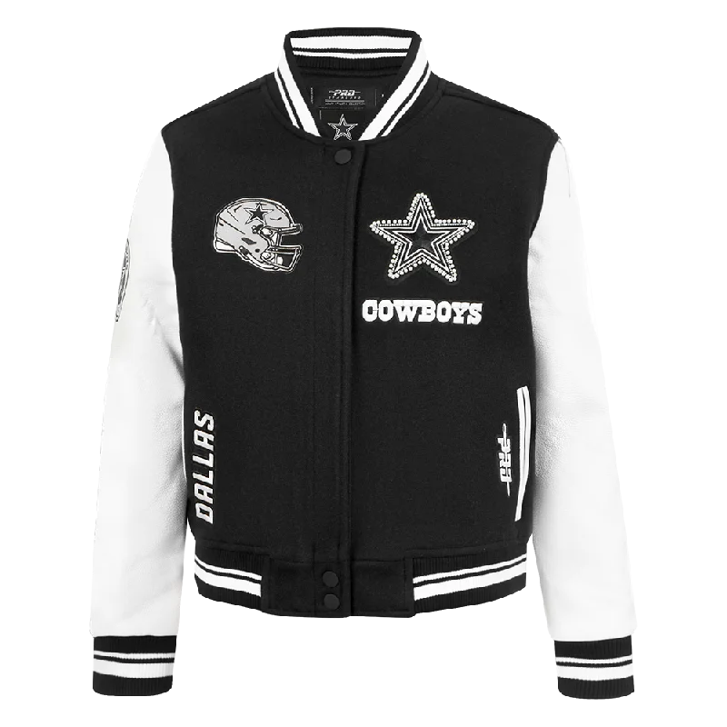 breathable softshell jacket for women -NFL DALLAS COWBOYS PEARLS WOMEN'S RIB WOOL VARSITY JACKET (BLACK/WHITE)