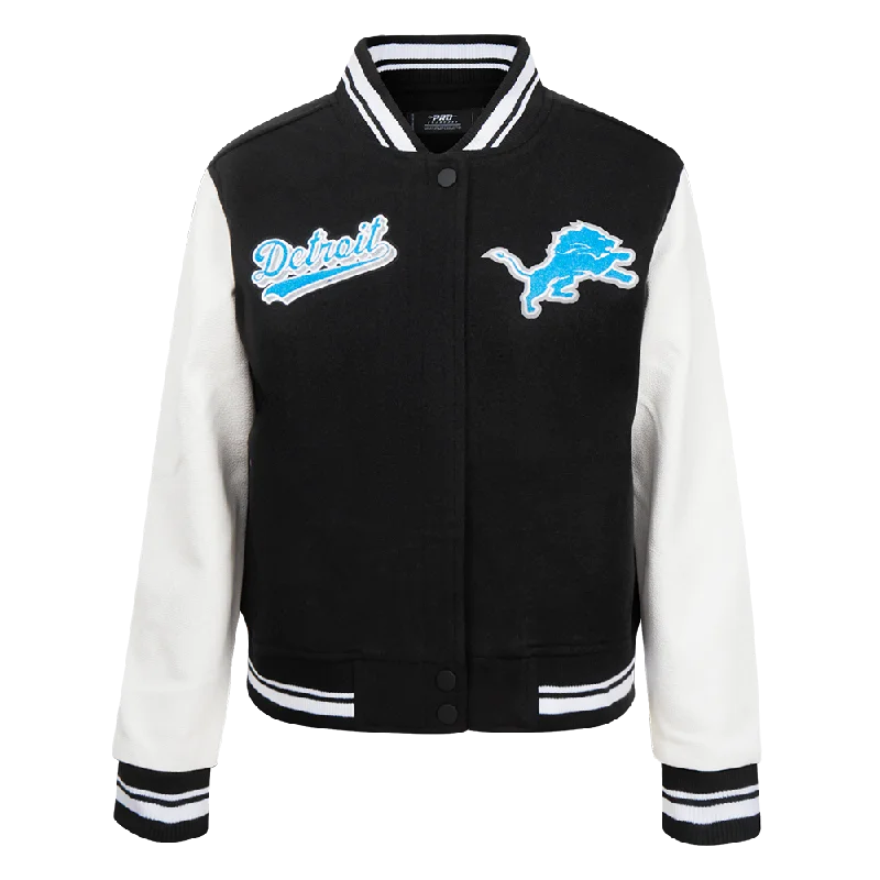 urban style cropped puffer jacket -NFL DETROIT LIONS SCRIPT TAIL WOMEN'S WOOL VARSITY JACKET (BLACK/WHITE)