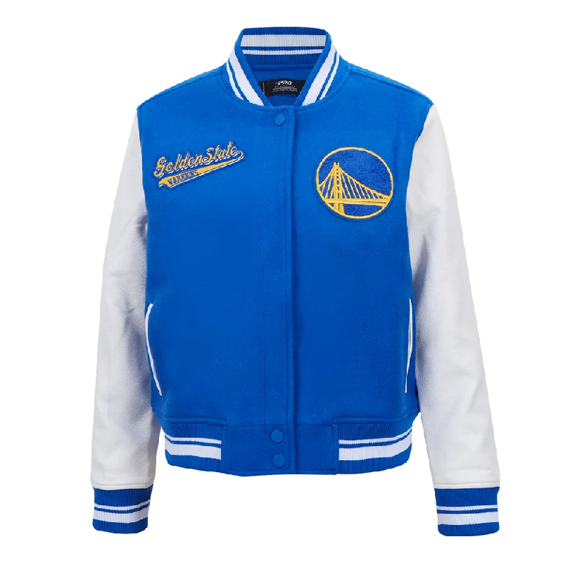 elegant long coat for women -NBA GOLDEN STATE WARRIORS SCRIPT TAIL WOMEN'S WOOL VARSITY JACKET (ROYAL BLUE/WHITE)