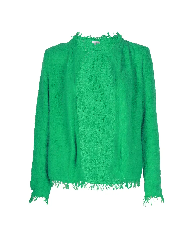 military-style coat for women -Iro Shavani Fringe Boucle Jacket in Green Cotton