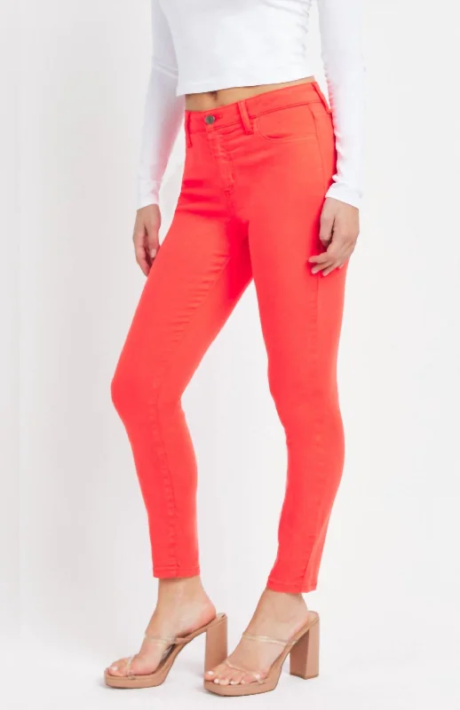 comfortable stretch mom jeans for women -High Rise Crop Skinny In Red Orange