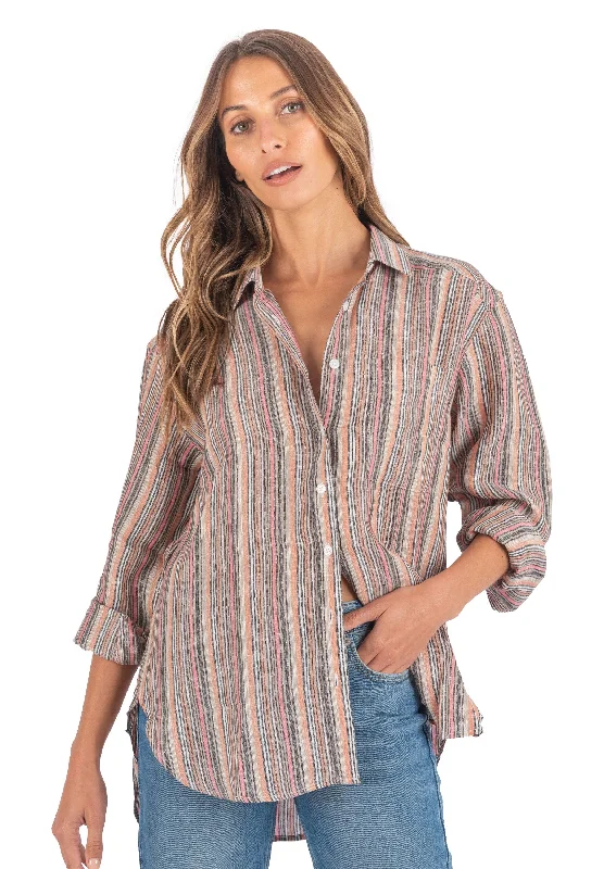 women's seamless short sleeve tee -Poppy-Linen Pink Multi Stripes Oversized Linen Shirt