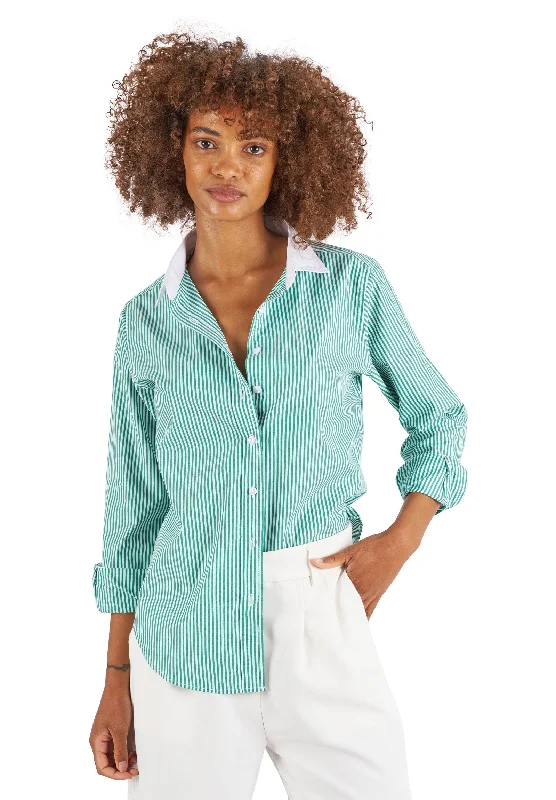 button detail short sleeve tops for women -Riga Green and White Stripes Classic Fit Poplin Cotton Shirt