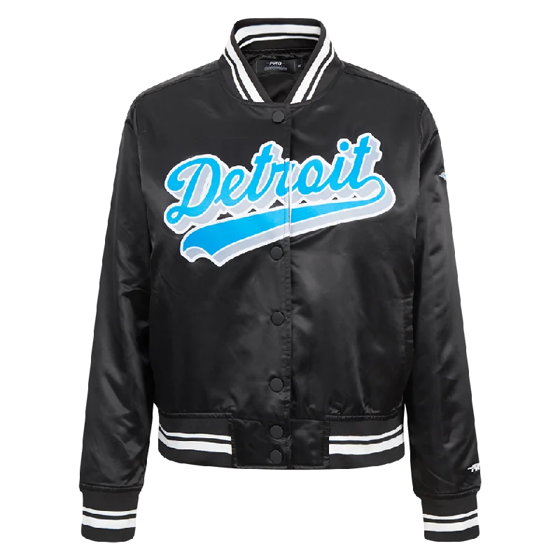 chic oversized blazer for women -NFL DETROIT LIONS SCRIPT TAIL WOMEN'S SATIN JACKET (BLACK)