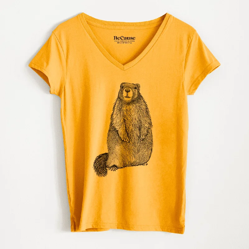 casual printed short sleeve tops for ladies -Yellow-bellied Marmot - Marmota flaviventris - Women's 100% Recycled V-neck