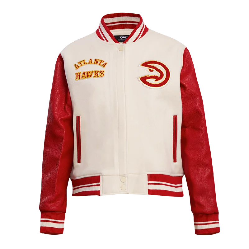 ladies' faux suede jacket -NBA ATLANTA HAWKS RETRO CLASSIC WOMEN'S RIB WOOL VARSITY JACKET (EGGSHELL/ RED)