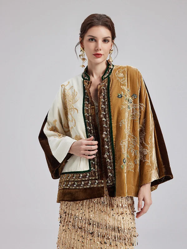 lightweight packable jacket for women -Vintage Silk Velvet Embroidered Tweed Chinese Style Jacket