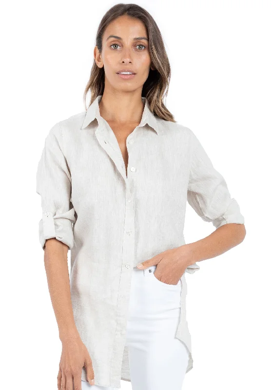 ladies' striped short sleeve top -Gaia Sand Relaxed Linen Tunic