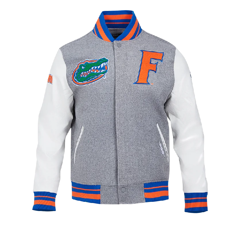 long elegant trench coat for women -UNIVERSITY OF FLORIDA CLASSIC RIB WOOL VARSITY JACKET (HEATHER GREY/ROYAL/ORANGE)