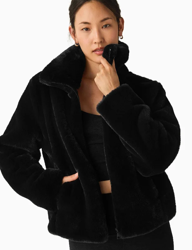 ladies' longline puffer coat -Faux Fur Jacket - Black