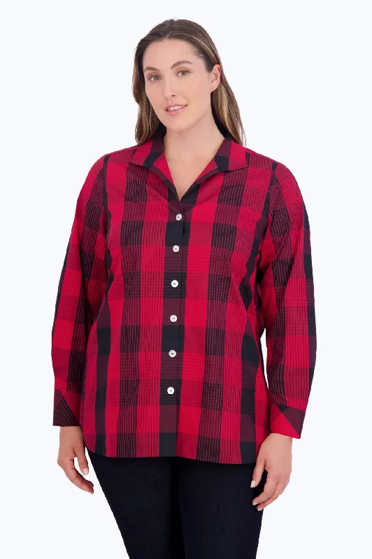 stylish knotted short sleeve tops for women -Pandora Plus No Iron Buffalo Plaid Tunic