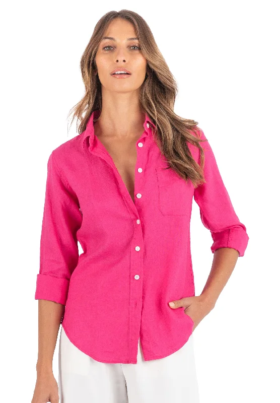 casual beachwear short sleeve tops for women -Iris Fuchsia Pink Classic Fit Linen Shirt