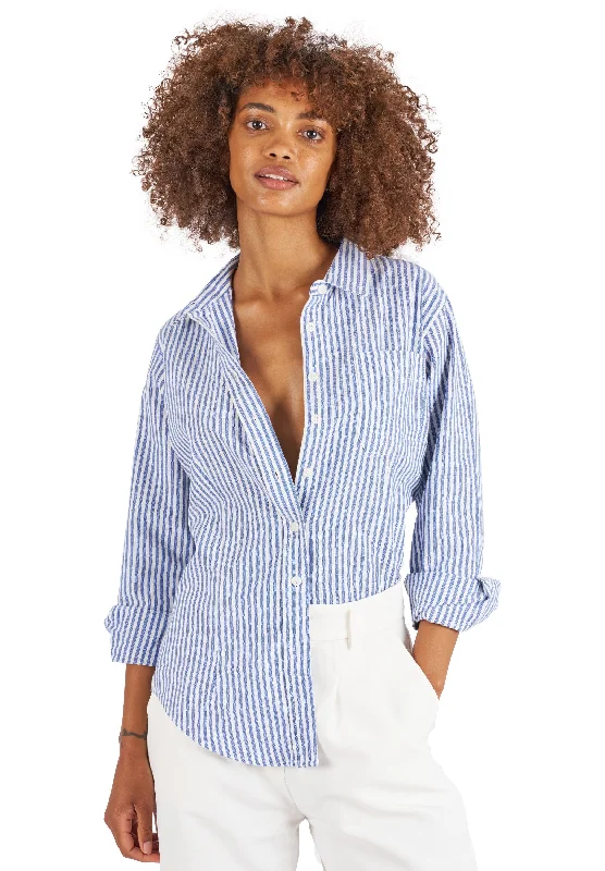 women's oversized short sleeve shirt -Rina Navy Blue Pin Stripes Slim-Fit Linen Shirt