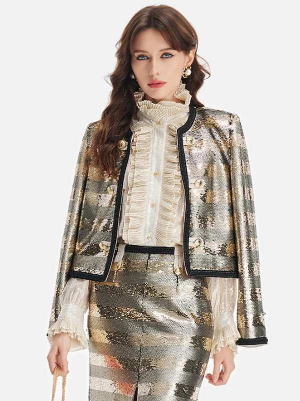 double-layered long coat for women -Gilded Sequin Striped Jacket