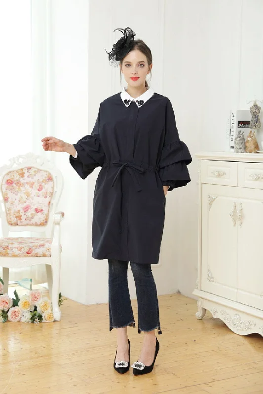 warm alpaca wool coat for ladies -Ruffle Sleeve Coat