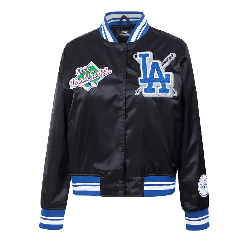 stylish leather jacket for women -MLB LOS ANGELES DODGERS MASHUP WOMEN'S RIB SATIN JACKET (BLACK/DODGER BLUE)