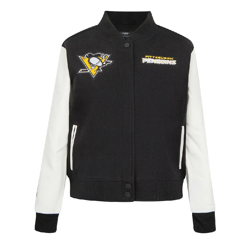 women's mid-length wool coat -NHL PITTSBURGH PENGUINS CLASSIC WOMEN'S VARSITY JACKET (BLACK/WHITE)