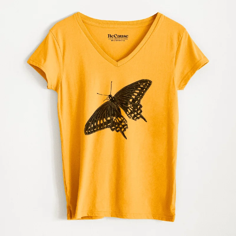 breathable silk short sleeve tops for women -Black Swallowtail Butterfly - Papilio polyxenes - Women's 100% Recycled V-neck