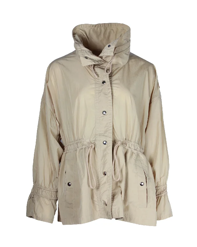 ladies' fleece zip-up jacket -Moncler Deel Drawstring-Waist Short Parka in Beige Nylon