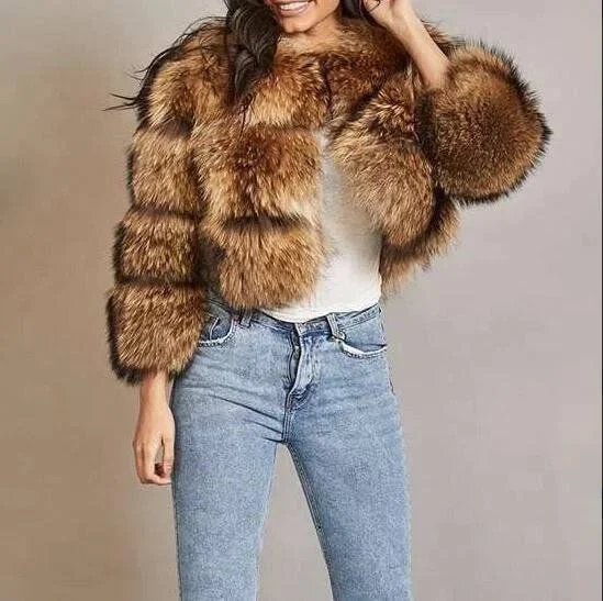 women's classic pea coat -Cropped Dusty Brown Raccoon Fur Coat