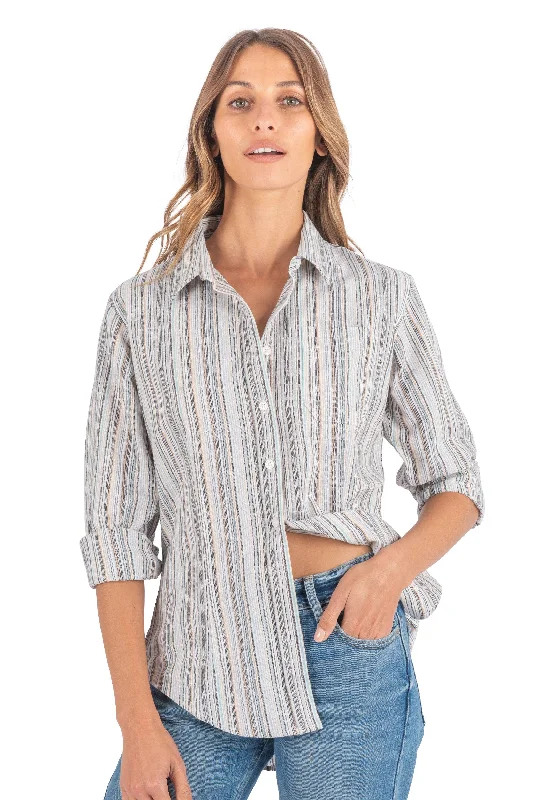 ladies' seamless short sleeve crop top -Iris Cold Stripes Classic Fit Linen Shirt