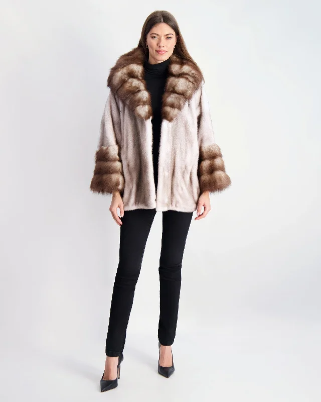 women's faux fur coat -Mink Jacket with Stone Marten Collar and Cuffs