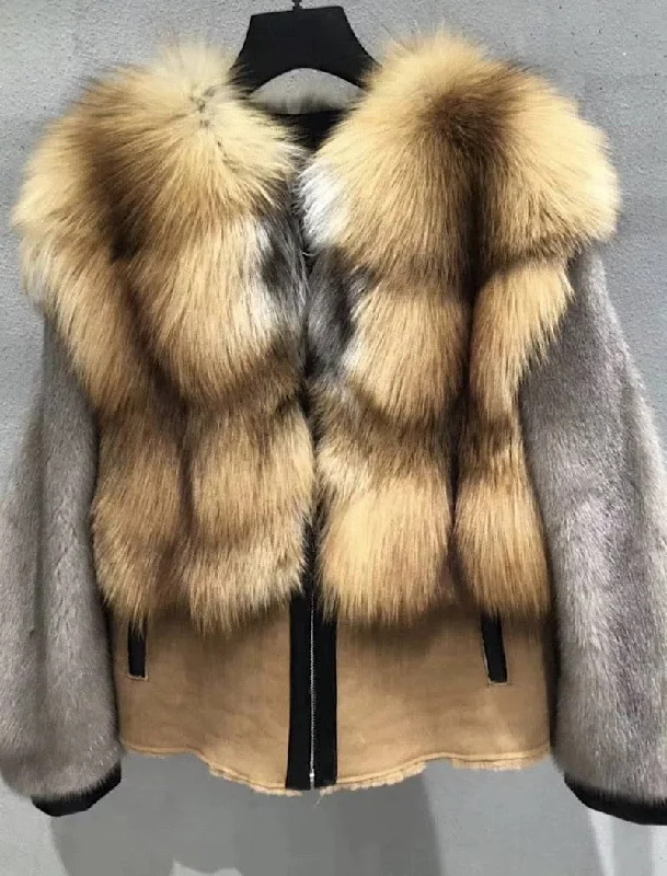 women's teddy bear coat -Genuine Fox Fur And Mink Thick Sheepskin Coat