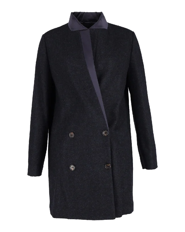 chic oversized blazer for women -Brunello Cucinelli Double-Breasted Coat with Satin Collar in Navy Blue Wool