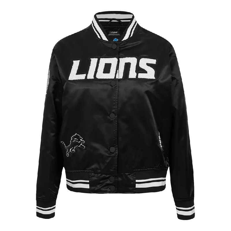 sleek satin bomber jacket for women -NFL DETROIT LIONS PEARLS WOMEN'S RIB SATIN JACKET (BLACK)