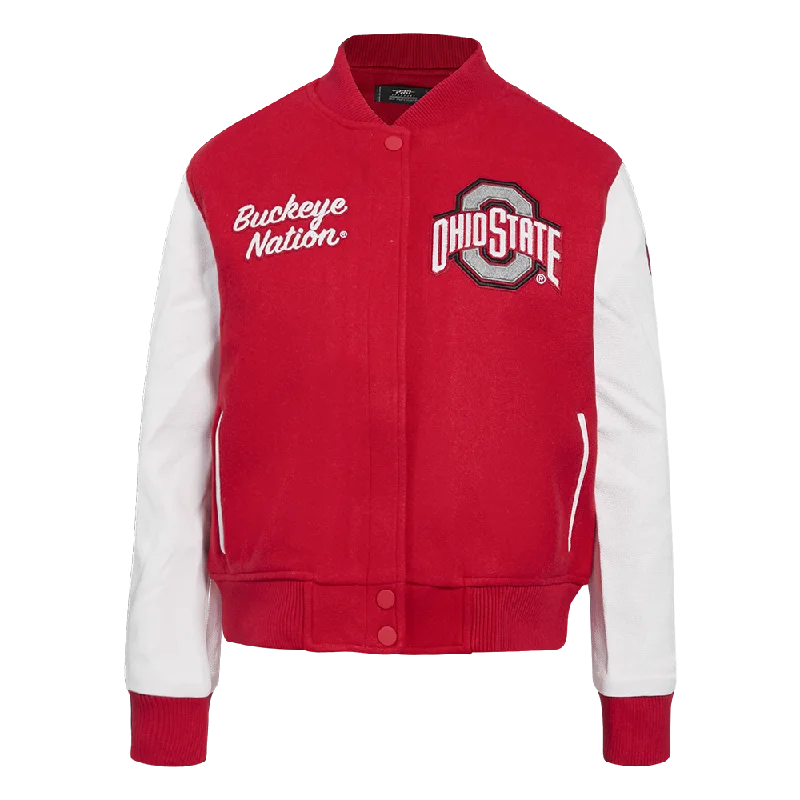 fashionable metallic puffer jacket for women -OHIO STATE UNIVERSITY CLASSIC WOMEN'S WOOL VARSITY JACKET (RED/WHITE)