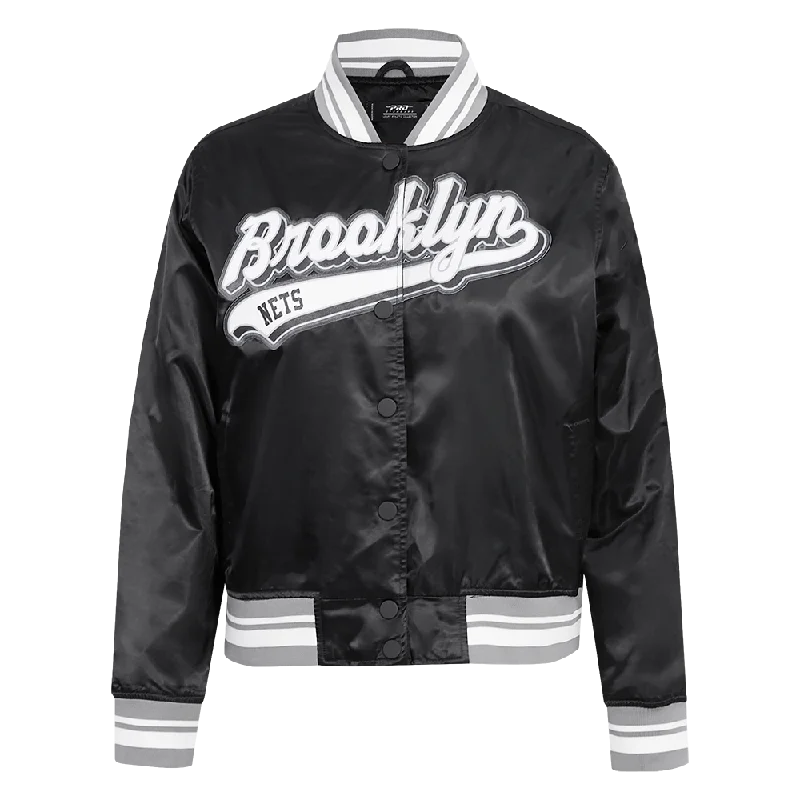 women's belted trench coat -NBA BROOKLYN NETS SCRIPT TAIL WOMEN'S SATIN JACKET (BLACK/GRAY)