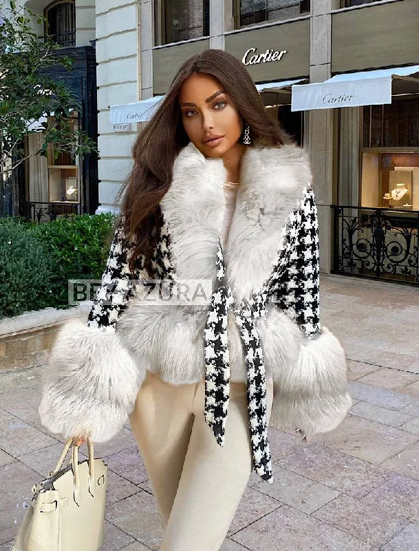 women's waterproof raincoat -Houndstooth White Fox Fur Trim Belted Wool Jacket