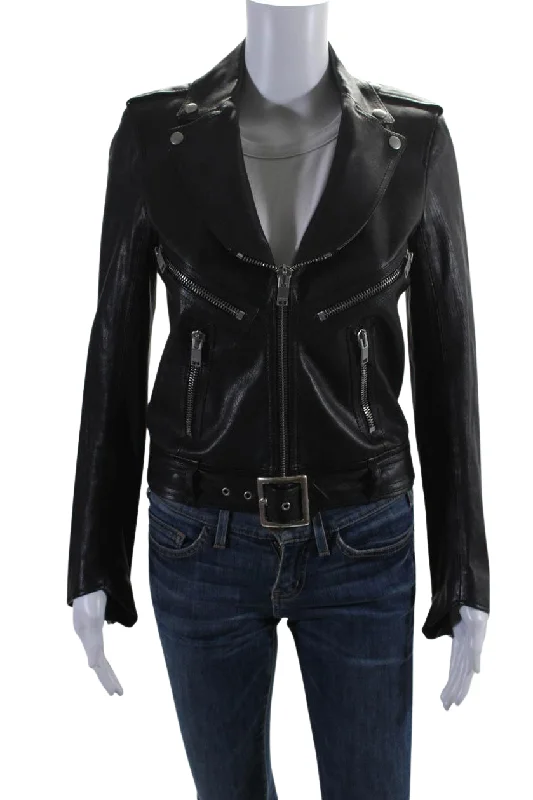 ladies' insulated ski jacket -Saint Laurent Womens Leather Silver Tone hardware Biker Jacket Black